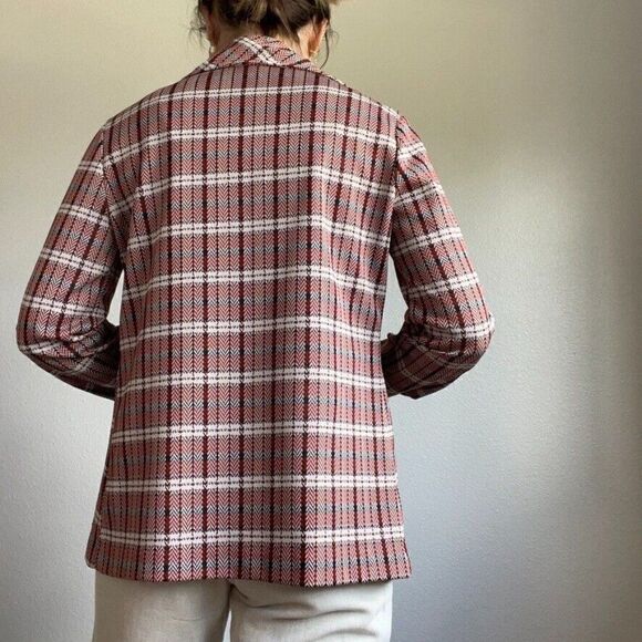 Vintage 1970s Women's Retro Collared Button Up Plaid Red Blue Long Sleeve Shirt - Picture 7 of 11
